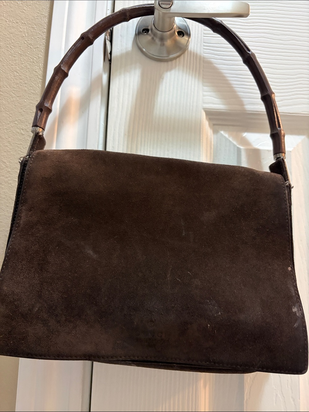 Gucci Dark Brown Suede Shoulder Bag with Bamboo Handle